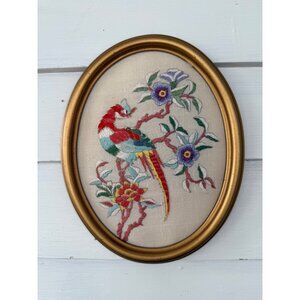 Vintage 70s Framed Embroidery Picture Tropical Bird on Linen 10x8"